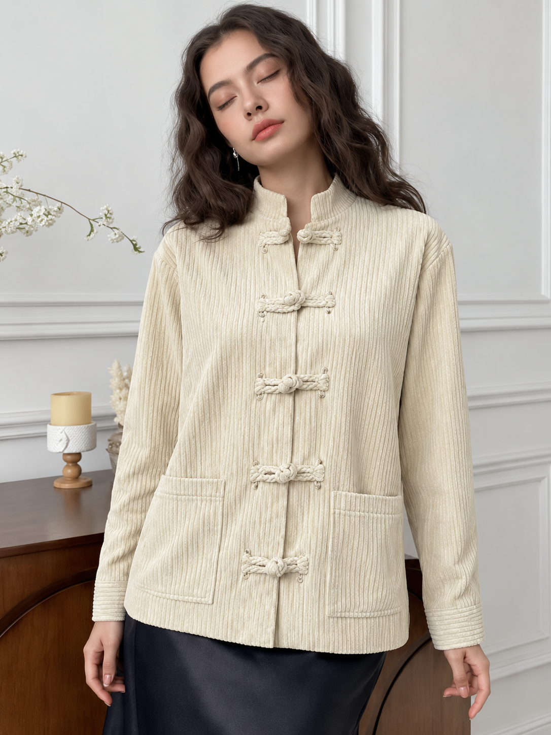 Women's Ivory Mandarin Collar Jacket