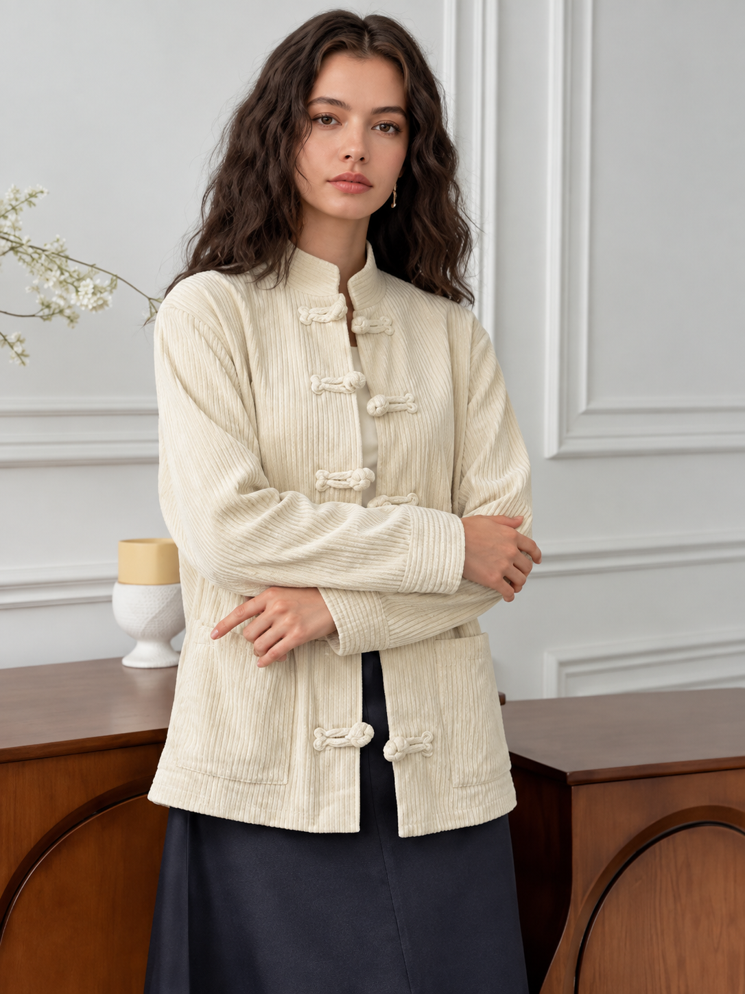 Women's Ivory Mandarin Collar Jacket
