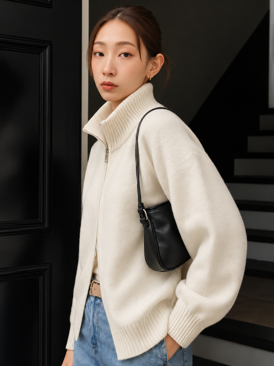 Women's Ivory Zip-Up Knit Cardigan
