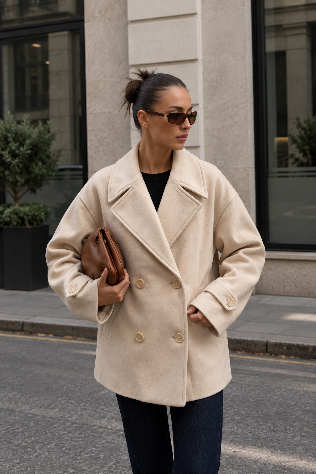 Women's Beige Double-Breasted Coat