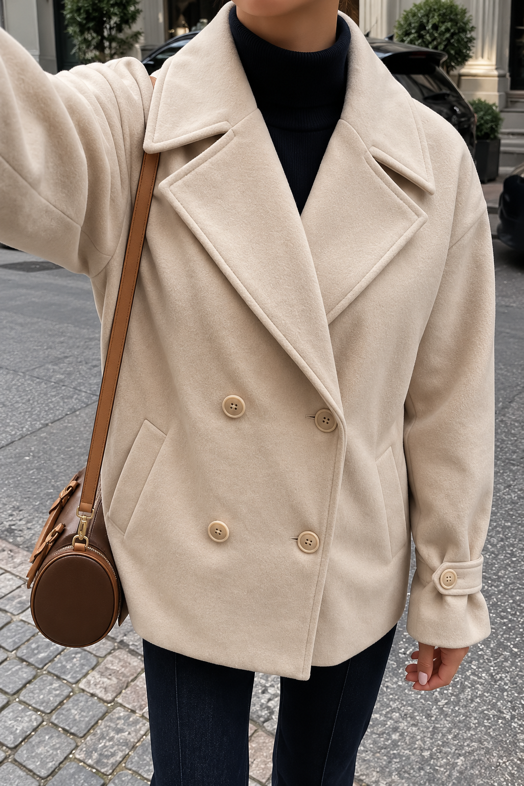 Women's Beige Double-Breasted Coat