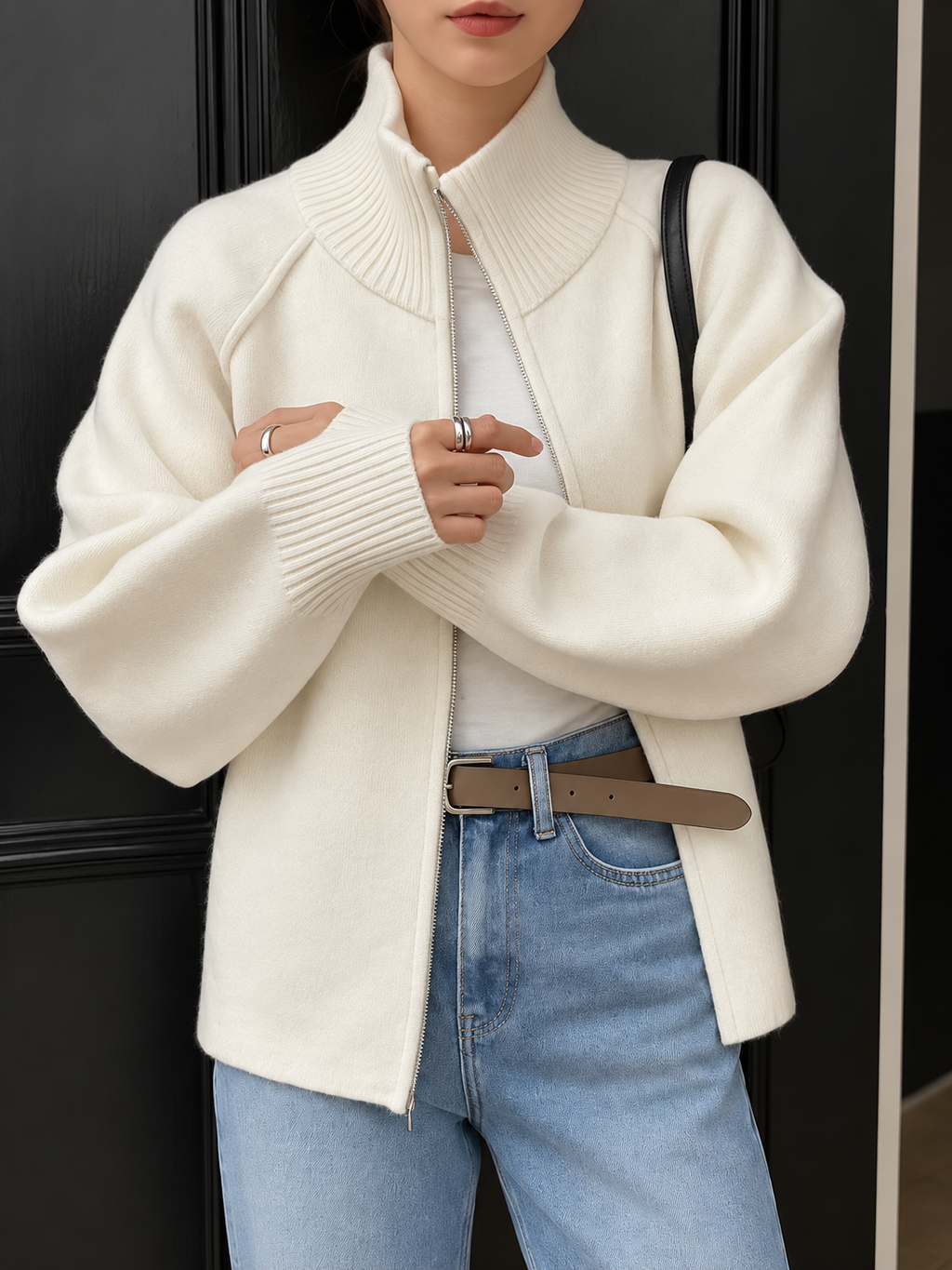 Women's Ivory Zip-Up Knit Cardigan