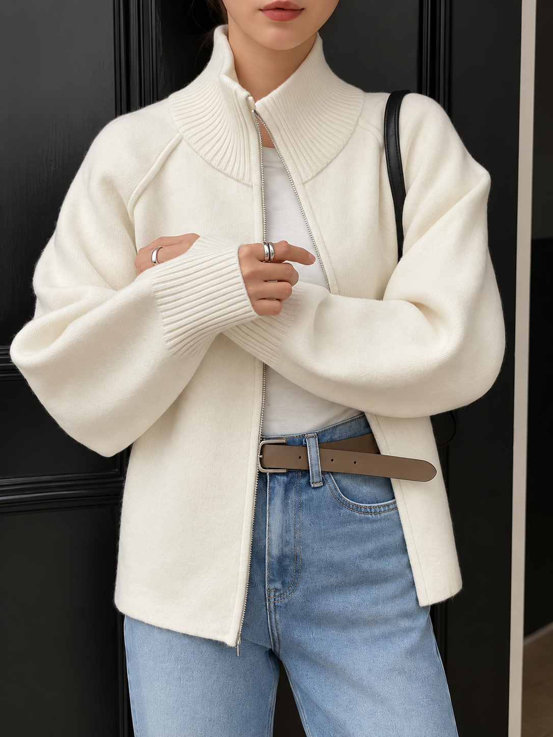 Women's Ivory Zip-Up Knit Cardigan