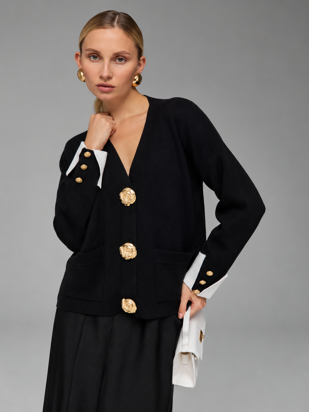 Women's Black Gold Button Cardigan