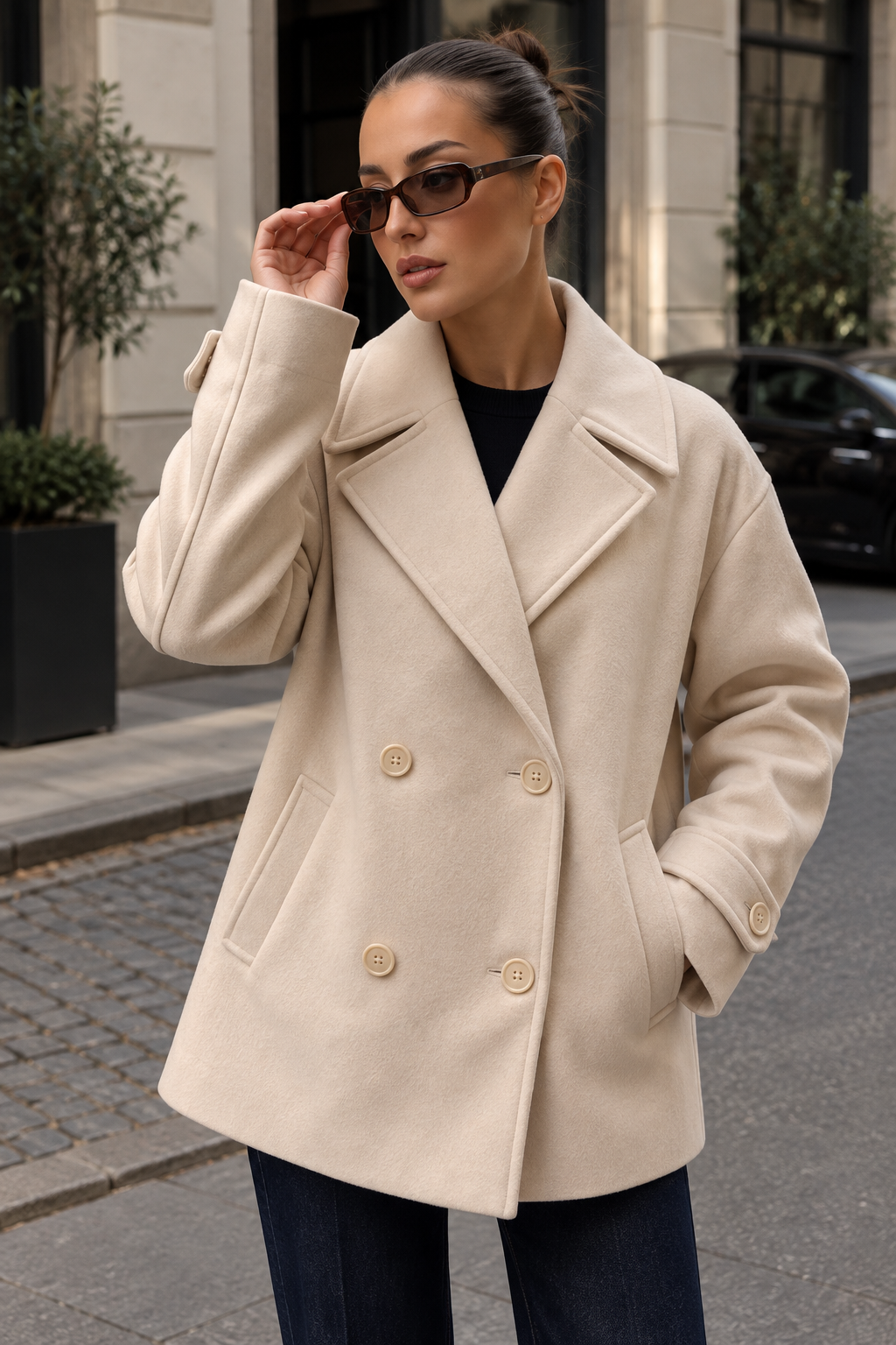 Women's Beige Double-Breasted Coat